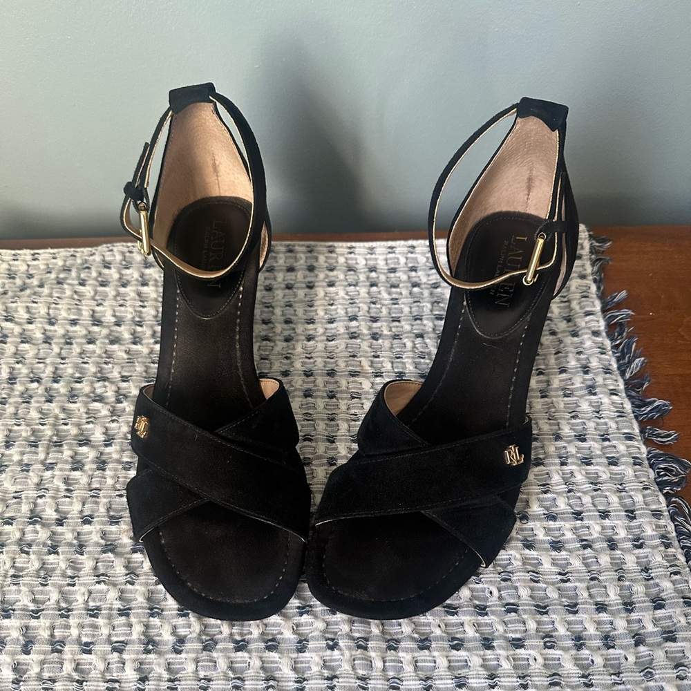 Black Strappy Heels with Gold Buckle